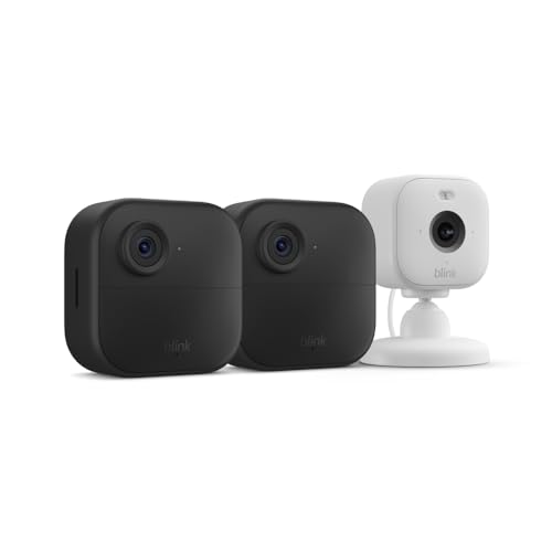 Blink Outdoor 4 + Blink Mini 2 — Smart security cameras, two-way talk, HD live view, motion detection, set up in minutes, Works with Alexa — 2 camera system + Mini 2 (White)
