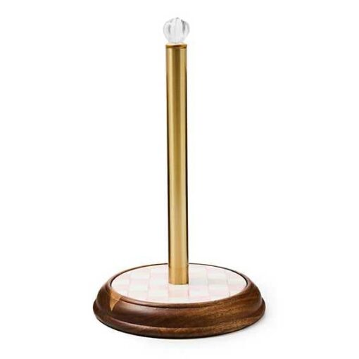 MACKENZIE-CHILDS Wood Paper Towel Holder, Decorative Paper Towel Holder for Kitchen, Pink-and-White Rosy Check