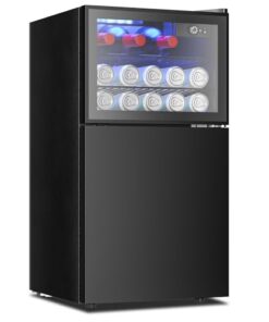 EUHOMY Double Door Mini Fridge With Freezer, Freestanding Drink Fridge With Reversible Door, Compact Refrigerator Temperature Control, Wine Fridge Perfect For Kitchen Office Bar.
