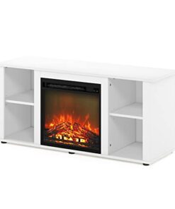 Furinno Jensen Entertainment Center Stand with Fireplace for TV up to 55 Inch, Corded Electric, White