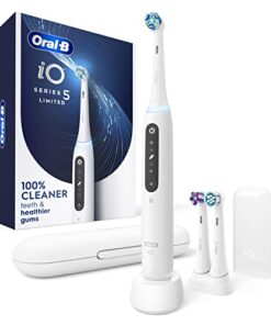 Oral-B iO Deep Clean + Whiten Rechargeable Electric Toothbrush with Visible Pressure Sensor, 2 Minute Timer, 5 Cleaning Settings, 1 iO5 Limited, 3 Toothbrush Heads, Travel Case & Refill Holder, White