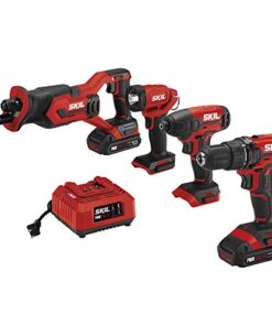SKIL 4-Tool Kit: 20V Cordless Drill Driver, Impact Driver, Reciprocating Saw and LED Spotlight, Includes Two 2.0Ah Lithium Batteries and One Charger - CB739601, White