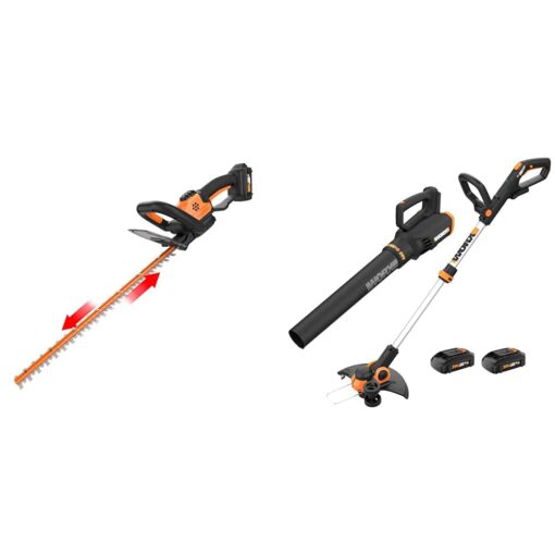 Worx 20V 22" Hedge Trimmer, String Trimmer & Edger, Leaf Blower Bundle with 2 Batteries & Charger