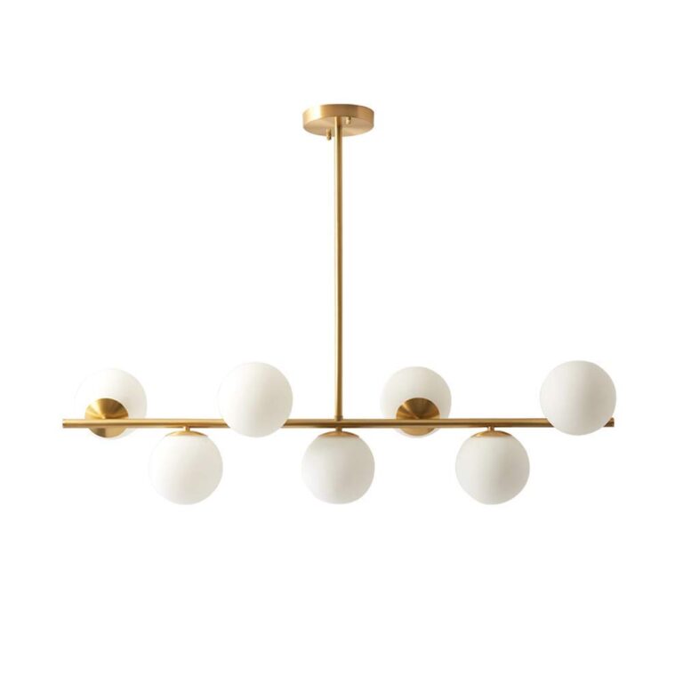 KCO Lighting Modern Brass Linear Chandelier Pendant Light 7-Lights Gold and White Glass Pendant Lighting Mid Century Globe Dining Light Fixture for Living Room Kitchen