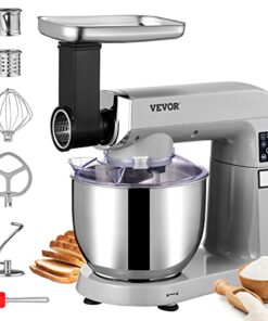 VEVOR 6 IN 1 Stand Mixer, 450W Tilt-Head Multifunctional Electric Mixer with 6 Speeds LCD Screen Timing, 7.4Qt Stainless Bowl, Dough Hook, Flat Beater, Whisk, Scraper, Grinder, Stuffer, Slicer - Gray