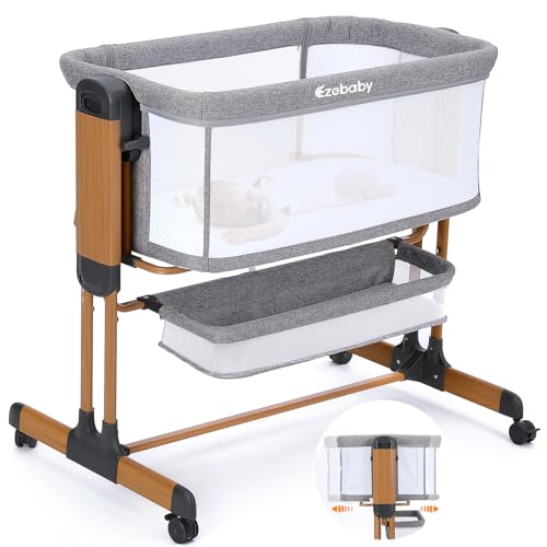 Ezebaby 3-in-1 Rocking Bassinet for Baby Adjustable Baby Bassinets Bedside Sleeper with Wheels Storage Basket and Mesh Sides for Newborn Infant
