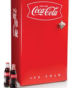 Nostalgia Coca-Cola Refrigerator with Freezer, 3.2 Cu. Ft., Adjustable Temperature Cools as Low as 32 Degrees, Bottle Opener, Ice Cube Tray, Scraper Included, Red