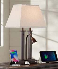 Possini Euro Design Deacon Modern Desk Table Lamp with USB and AC Power Outlet in Base Gooseneck LED 26" High Bronze Rectangular Linen Shade for Living Room Bedroom House Bedside Nightstand Home