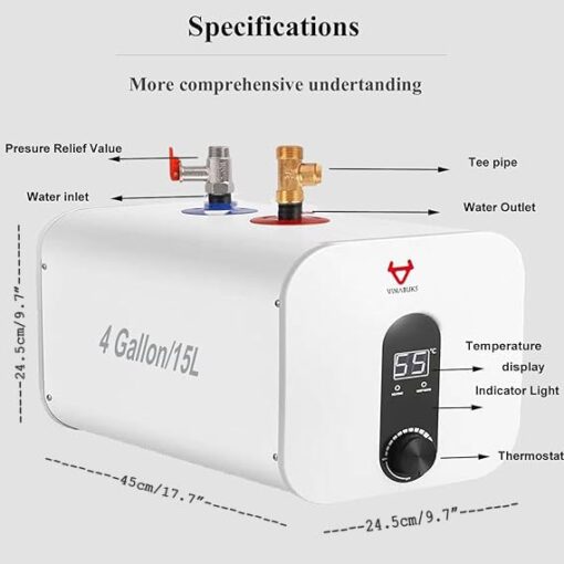 VINABUKS Electric Water Heater Smart 3.3 Gallon Point of Use Hot Water Heaters 120V US Safty Plug Boiler Wash Under Sink (15L) - Image 8