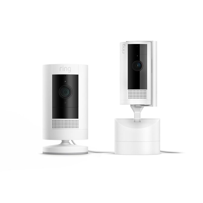 Ring Pan-Tilt Indoor Cam, White with Ring Stick Up Cam Plug-In, White