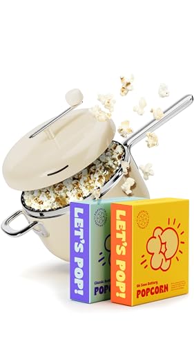 Popsmith Starter Bundle in Cream - 6 Quart Stovetop Popcorn Machine with 5 Movie Theater Popcorn & 5 Kettle Corn Popcorn Kits - Stainless Steel Popcorn Maker Compatible with All Stovetops