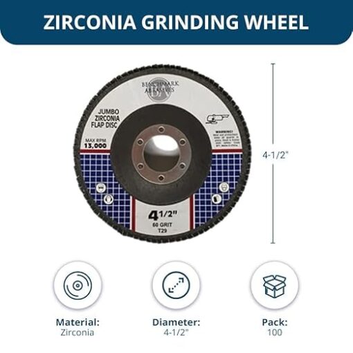 Benchmark Abrasives 4.5" x 7/8" Premium High Density Jumbo Zirconia Type 29 Flap Discs 4 1/2 for Angle Grinder, Sanding Discs, Finishing - Grinding Wheels 4 1/2 Inch (100 Pack) - 60 Grit - Image 3