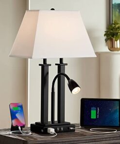 Possini Euro Design Deacon Modern Gooseneck Desk Lamp with USB Charging Port and Outlet 26" High LED Black Metal Oatmeal Linen Fabric Shade for Living Room Bedroom House Bedside Nightstand Office
