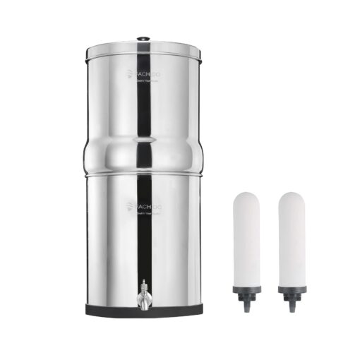 FACHIOO 2.25 Gallon Stainless Steel Gravity-Fed Water Filter System with 2 White Ceramics Purification Washable Filter, Portable Countertop Filter System for Home and Outdoor Camping Use