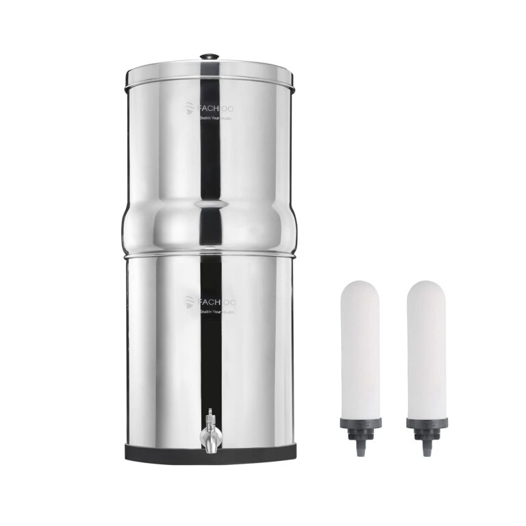 FACHIOO 2.25 Gallon Stainless Steel Gravity-Fed Water Filter System with 2 White Ceramics Purification Washable Filter, Portable Countertop Filter System for Home and Outdoor Camping Use