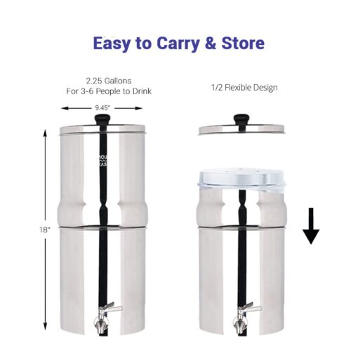 AquaEasy Stainless Steel Gravity Water Filter System (2.25 Gallon) with 2X Activated Carbon Filter, Stainless Steel Tap and Stand | Countertop Water Filtration System (Matte) - Image 5