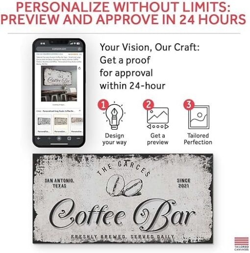 Tailored Canvases Custom Coffee Bar Sign - Small and Large Canvas Wall Art Decor Signage for Home, Kitchen, Coffee Station, Business and Office - Personalized Grey Rustic Coffee Beans, 48x24in - Image 4
