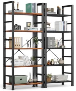 DUMOS 5-Tier Book Shelf Tall Modern Bookcase Set of 2 for Books, CDs, Movies, Storage and Organization Bookshelf Industrial Home Decor for Bedroom Office Kitchen Living Room, Black & Brown