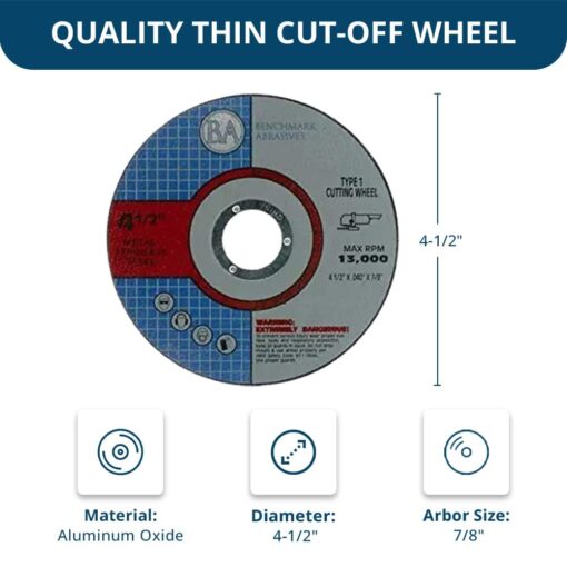 Benchmark Abrasives Grinder Cut Off Wheels 4 1/2 Inch Aluminum Oxide Thin Type 1 Angle Grinder Cutting Disc for Metal, Stainless Steel - with 7/8" Arbor Hole, Fast Grinder Cutting Wheel - 500 Count - Image 3