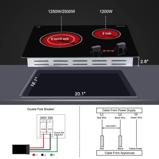 Apartment Electric Cooktop, ThermoMate 21 Inch Built-in Radiant Electric Stove Top, 3700W Ceramic Stove Top with 2 Burners, UL Certified, Knob Control, 240V - Image 2