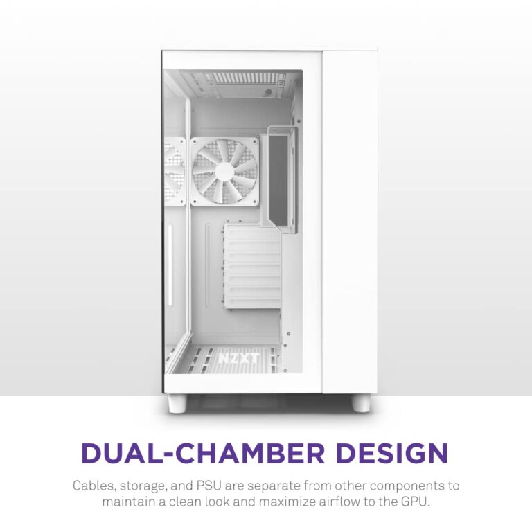 NZXT H9 Flow Dual-Chamber ATX Mid-Tower PC Gaming Case – High-Airflow Perforated Top Panel – Tempered Glass Front & Side Panels – 360mm Radiator Support – Cable Management – White - Image 5