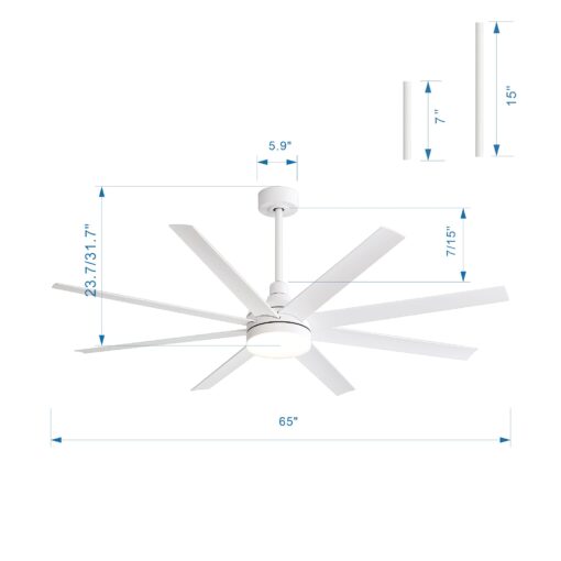 Breezary 65 Inch Ceiling Fan with Light and Remote, 8-Blade, Reversible DC Motor, 6-Speed, Timer, Industrial Ceiling Fans with Led Light Chandelier for Bedroom Office (White) - Image 3