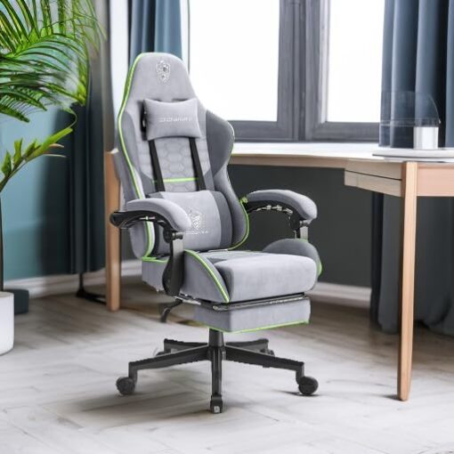Dowinx Gaming Chair Fabric with Pocket Spring Cushion, Massage Game Chair Cloth with Headrest, Ergonomic Computer Chair with Footrest 290LBS, Light Grey - Image 5