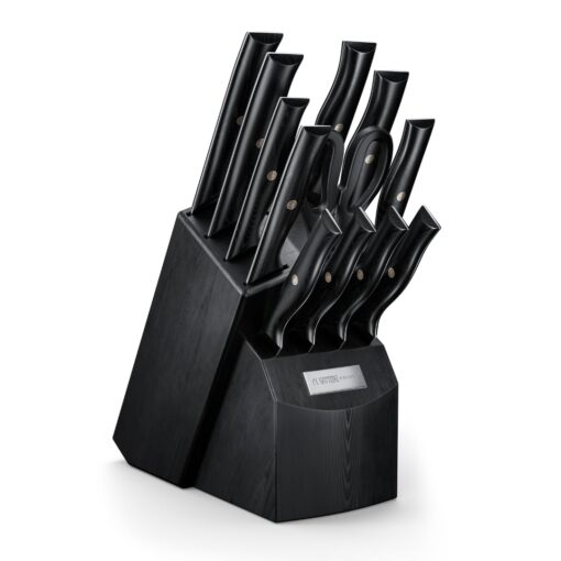 Yatoshi 13 Piece Knife Block - Onyx Black Titanium Nitride Coating- Ultra Sharp High Carbon Stainless Steel - Black Pakkawood Ergonomic Handle