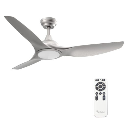 Fanliving 52 Inch Quiet DC Motor Ceiling Fan with Light Remote Control, Indoor 3 Blade Silver Modern Ceiling Fan for Bedroom Living Room Porch