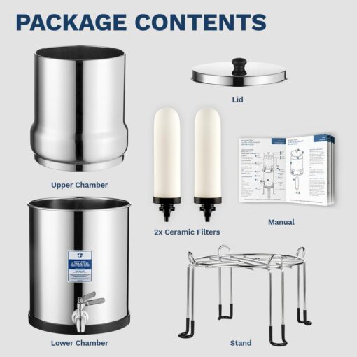 Survivor Filter Ultra Gravity Water Filter System - Stainless Steel Countertop Gravity Fed Water Filter with Stand, 2.25 Gallon, for Home and Outdoors - Removes Bacteria, Viruses, and Parasites - Image 2