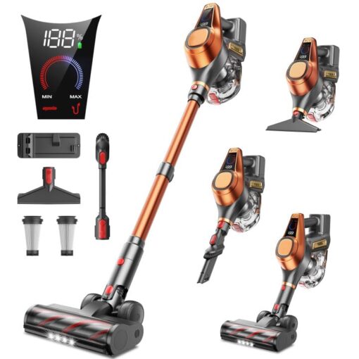 Fieety Cordless Vacuum Cleaner, 550W/45Kpa Vacuum Cleaners for Home with LED Screen, Max 60 Mins Runtime, Noise Reduction Tech, Anti-Tangle Stick Vacuum for Pet Hair Carpet and Hardfloor