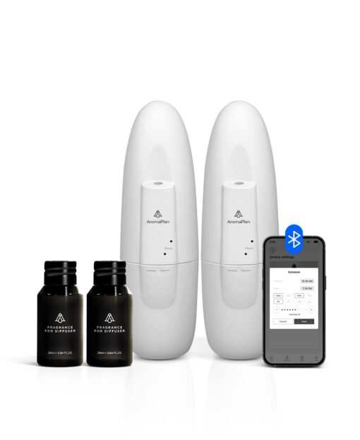 AromaPlan Authentic 2025 Upgraded Bluetooth Plug in Waterless Diffuser (2 Fragrances Included)-Cold Air & Nanotechnology Diffusers for Home & Office- Silent Wall Diffuser Plug in (2 Devices +2 Scents)