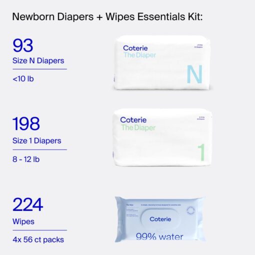Coterie Baby Wipes + Diapers Kit, Size 1 (198 Count) & Size Newborn Diapers (93 Count), 4 Pack (224) Wipes with 99% Water, Plant Based Materials, Hypoallergenic for Sensitive Skin, Baby Essentials - Image 6