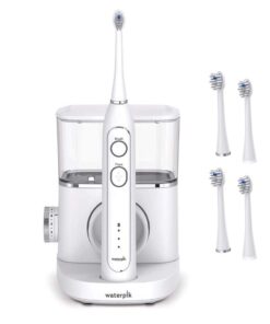 Waterpik White Sonic-Fusion Toothbrush and Heads (Set of 4). Brush and Floss at The Same Time. Soft Bristles Gently Brush While The Water Flosser Removes Plaque and Debris from Teeth and Gumline.