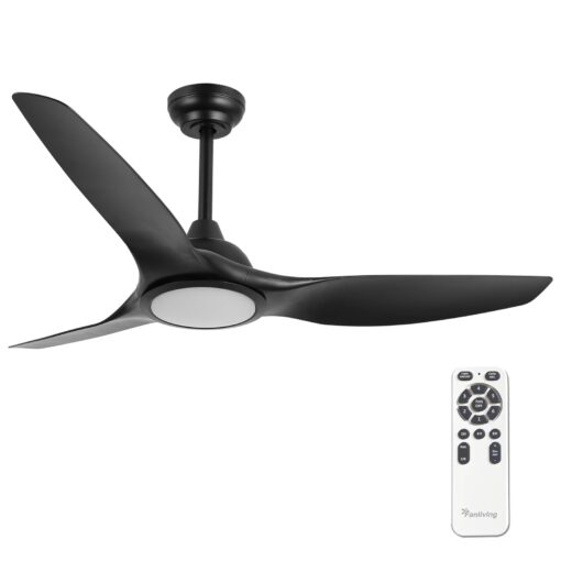 Fanliving 52 Inch 6 Speed High CFM Quiet DC Motor Modern Ceiling Fan with Lights Remote Control, Indoor 3 Blade Black Ceiling Fan for Bedroom Living Room