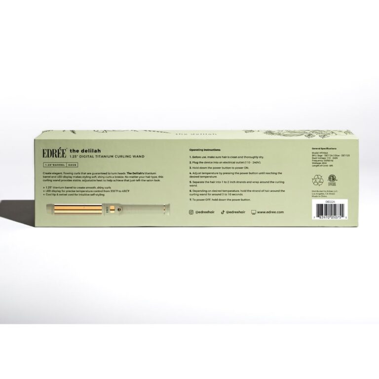 Edrée The Delilah Titanium Barrel Curling Wand with Cool Tip – Professional 1.25 Inch Curling Iron with LED Display, 330°F to 450°F Heat Control, 360 Swivel Cord, Dual Voltage (Sage) - Image 4