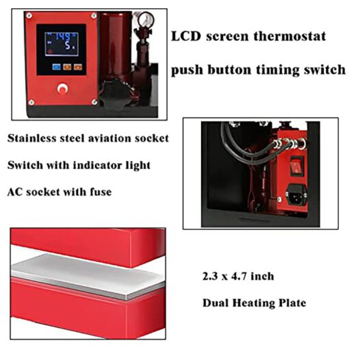 D9A91 5 Ton Portable Hydraulic Heat Press Machine 2.3 x 4.7 Inch Dual Heating Plate, red/black - Image 3