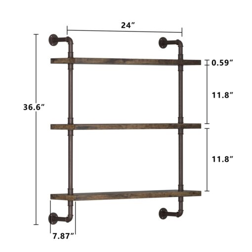 Industrial Pipe Shelf Wall Mounted, Rustic Wood Floating Shelves, 3 Tier Wall Display Bookshelf, Storage Rack Sundries Holder for Kitchen Office Bathroom Organization and Home Decor (24inch x 2) - Image 4
