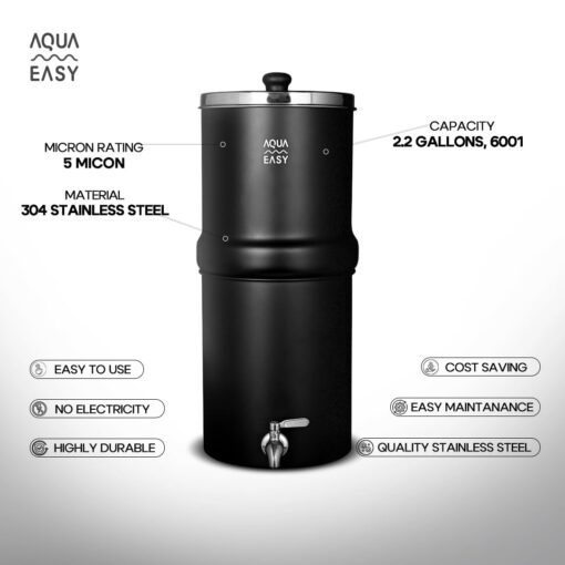 AquaEasy Stainless Steel Gravity Water Filter System (2.25 Gallon) with 2X Activated Carbon Filter, Stainless Steel Tap and Stand | Countertop Water Filtration System (Matte) - Image 4