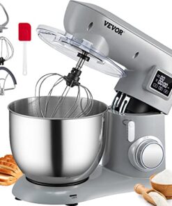 VEVOR Stand Mixer, 450W Electric Dough Mixer with 6 Speeds LCD Screen Timing, Tilt-Head Food Mixer with 7.4Qt Stainless Steel Bowl, Dough Hook, Flat Beater, Whisk, Scraper, Splash-Proof Cover - Metal