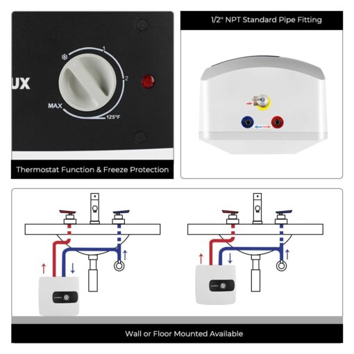 CAMPLUX Electric Tank Water Heater 6.5 Gallons, Point of Use Instant Mini Hot Water Heater 120V 1440W, Wall or Floor Mounted, Plug-in to Easier Using with Adjustable Thermostat, Save Time, UL Listed - Image 5