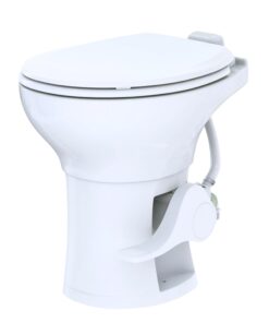 SEAFLO Residential Height Camper/RV Toilet with Elongated Ceramic Bowl, 19” Standard Height, Gravity Flush System, Foot Pedal Operation, Soft Close Seat, 4-Year Warranty