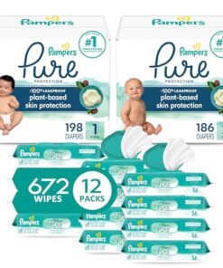Pampers Pure Protection Disposable Baby Diapers Starter Kit (2 Month Supply), Sizes 1 (198 Count) & 2 (186 Count) with Aqua Pure Sensitive Wipes, 12X Pop-Top Packs (672 Count)