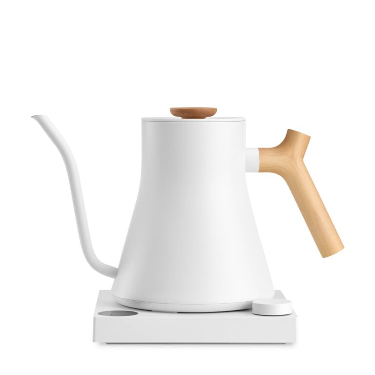 Fellow Stagg EKG Pro Electric Gooseneck Kettle - Pour-Over Coffee and Tea, Quick Heating, Precise Temperature Control, Scheduling, Built-in Brew Timer, Matte White with Maple Wood Handle, 0.9 Liter