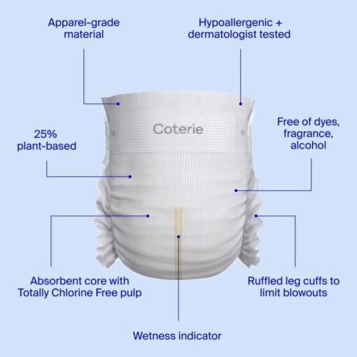 Coterie Baby Wipes + Diapers Kit, Size 1 (99 Count) & Size 2 Diapers (186 Count), 4 Pack (224) Baby Wipes with 99% Water, Plant Based Materials, Hypoallergenic for Sensitive Skin - Image 6