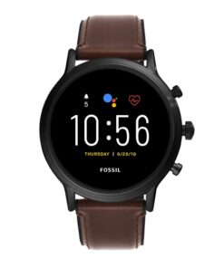 Fossil 44mm Gen 5 Carlyle Stainless Steel and Leather Touchscreen Smart Watch, Color: Black, Brown (Model: FTW4026)