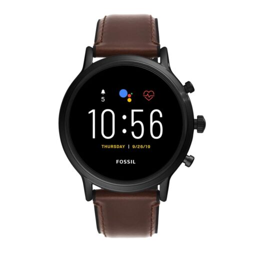 Fossil 44mm Gen 5 Carlyle Stainless Steel and Leather Touchscreen Smart Watch, Color: Black, Brown (Model: FTW4026)