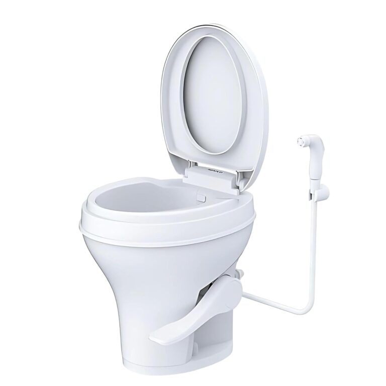 SEAFLO Residential Height Camper/RV Toilet with Sprayer Attachment, 18.5” Standard Height, Gravity Flush System, Foot Pedal Operation, Soft Close Seat, 4-Year Warranty (With Sprayer Attachment)