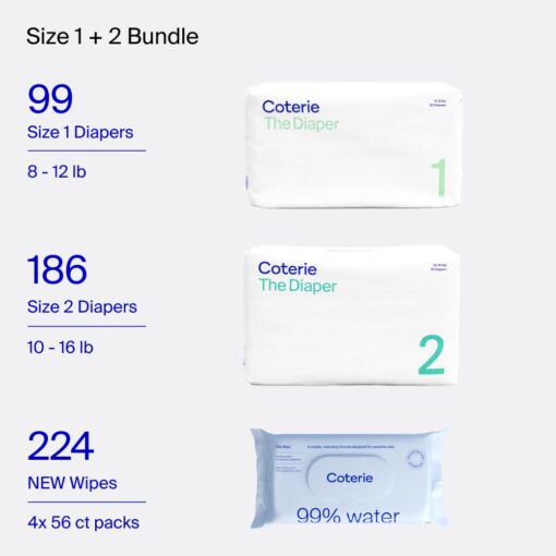 Coterie Baby Wipes + Diapers Kit, Size 1 (99 Count) & Size 2 Diapers (186 Count), 4 Pack (224) Baby Wipes with 99% Water, Plant Based Materials, Hypoallergenic for Sensitive Skin - Image 4