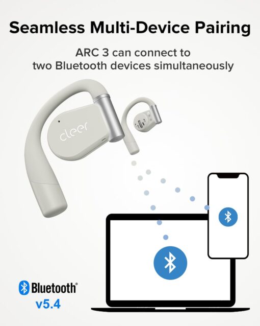 Cleer ARC 3 Open Ear Headphones - Dolby Audio, Snapdragon Sound True Wireless Earbuds, 50Hr Battery, Bluetooth 5.4, IPX 7, Multi-Point, Smart Controls, Light Grey - Image 3
